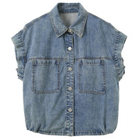 三彩2025夏季新款牛仔衬衫宽松短袖开衫翻领短款复古时尚M