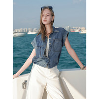 三彩2025夏季牛仔衬衫宽松短袖开衫翻领短款复古时尚M 蔚蓝色 L 165/88A