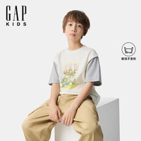Gap男童2025春季新款假两件印花短袖T恤高弹儿童装休闲上衣673844
