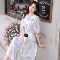 【刺绣印花连衣裙】中袖长裙夏季遮阳交叉领重工微胖显瘦优雅气质