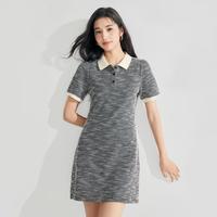复古撞色拼接翻领短袖连衣裙女25夏季收腰遮肉显瘦polo短裙