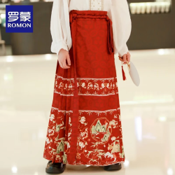 罗蒙 毕业儿童节女童马面裙汉服夏儿童古风2025国风半身裙演出服 藏青-印花马面裙长款 140