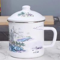 敏程搪瓷老式搪瓷杯水杯马克杯带盖搪瓷缸子珐琅凉水茶杯复古风搪瓷缸 千里江山图 9cm