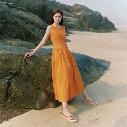 范思蓝恩 腰精裙设计感无袖连衣裙女夏绑带A字长裙 甜蜜橘 M