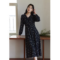 独束大码女装法式甜美V领碎花连衣裙女春装微胖mm显瘦茶歇裙 黑底棕花 L (尺码:2)