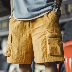 马登 工装山系多口袋短裤男夏季2025潮牌沙滩速干男士外穿五分裤 沙黄色  L