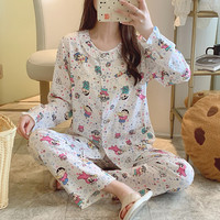 春秋绵绸睡衣女夏季薄款棉绸长袖人造棉月子服家居服套装空调服 L(适合90-115斤)