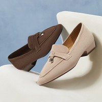 百思图2025春简约通勤尖头乐福鞋小皮鞋方头女单鞋BN366AA5 咖色 34