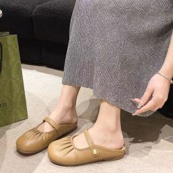 福虹辰 2025春季外穿百搭平底单鞋女软底豆豆鞋防滑乐福鞋玛丽珍LX 褶皱包头拖