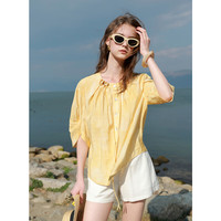 三彩2025夏季晕染衬衫圆领串珠飘带小衫七分袖宽松氛围感M 黄色晕染 M 160/84A