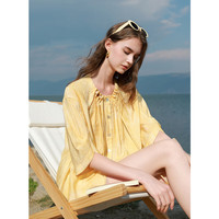 三彩2025夏季新款晕染衬衫圆领串珠飘带小衫七分袖宽松氛围感M