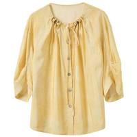 三彩2025夏季晕染衬衫圆领串珠飘带小衫七分袖宽松氛围感M 黄色晕染 S 155/80A