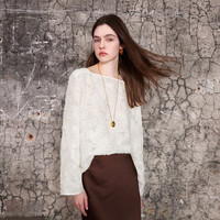 三彩2025春季重工羽毛小衫剪花流苏一字领衬衣上衣宽松优雅S 米白色 M 160/84A