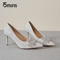 15mins尖头高跟鞋女士2025夏银色高级感浅口不累脚配裙子单鞋 珠光白 37