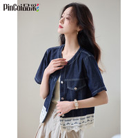 品彩(PinCai)牛仔短袖衬衫女蕾丝花边拼接上衣宽松休闲短款外套P52S140
