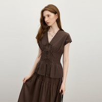 范思蓝恩 摩登蝴蝶结系带收腰衬衫女2025夏连肩袖v领上衣2737 咖啡色 XL
