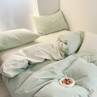 森柔平纹色织水洗棉纯色四件套纯棉床单被套床上用品全棉套件拼色 新芽绿+玉兰白 床笠:120x190x10cm