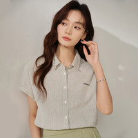 茵曼法式通勤条纹衬衫女2025夏季宽松显瘦气质连肩袖衬衣