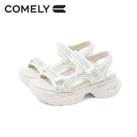 康莉休闲凉鞋女夏季舒适厚底外穿魔术贴圆头户外运动通勤凉鞋 米色 40