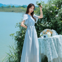 拉夏贝尔(La Chapelle)2025夏季新款气质荷叶领长裙女温柔法式桔梗收腰显瘦连衣裙女