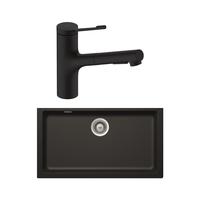 汉斯格雅hansgrohe厨房龙头水槽石英石槽大单槽龙头黑色套组