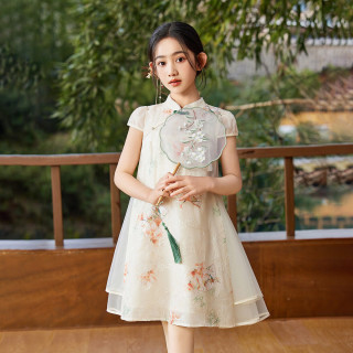 ASK junior 国风新中式女童裙子夏儿童轻薄网纱连衣裙绣花公主裙 米白色 150
