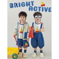幼悠男童夏季连帽防晒衣宽松短裤印花背心积木系列套装潮 防晒衣宝蓝FN0148 90