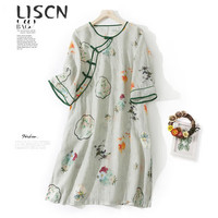 LISCN 复古国风女装苎麻印花五分袖连衣裙 斜襟盘扣棉麻中裙