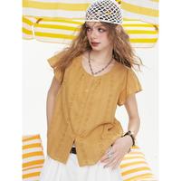 2025夏季辛苦宽松遮肉显瘦钩花镂空衬衫洋气小飞袖衬衫上衣