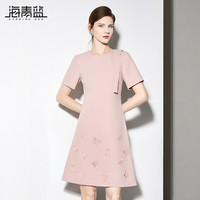 海青蓝 CYANINE SEA 时尚圆领设计感立体蝴蝶A字粉色连衣裙2025夏季新款短袖裙