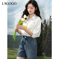 LAGOGO简约翻领宽松休闲衬衫女拉谷谷2025年夏季透气白色上衣 S