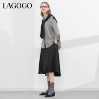 lagogo拼接假两件披肩条纹衬衫女拉谷谷夏季洋气休闲文艺上衣 黑白(WV) XL
