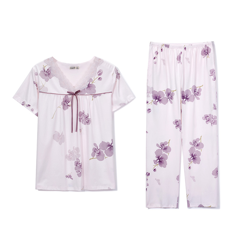 达尔丽蕾丝V领睡衣女夏季短袖纯棉柔软粉色印花家居服薄套装