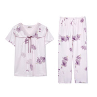 达尔丽蕾丝V领睡衣女夏季短袖纯棉柔软粉色印花家居服薄套装