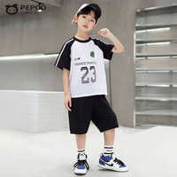 小猪班纳男童短袖短裤套装2025夏季儿童球服印花篮球服运动训练两件套 黑色 160