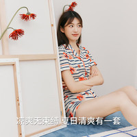 三枪(THREEGUN)睡衣女士纯棉新疆棉春秋透气翻领开襟短袖短裤印花女家居服套装 花条纹 L (165/90)