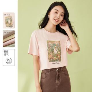 【小女孩花园印花T恤】夏季时尚百搭文艺小清新短袖T恤女