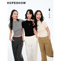 红袖柔软显瘦针织衫春季2024女装 玫瑰装饰设计感H型圆领短袖上衣 深灰080 M