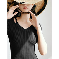 红袖修身针织衫夏季2024女装 肌理感露肩V领设计显瘦百搭气质上衣 浅米005 M