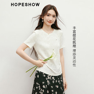 红袖甜美提花短袖T恤2025春季女装肌理感收腰圆领轻熟气质上衣 米白004 XL