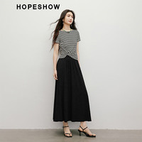 HOPESHOW/红袖 肌理感条纹扭结圆领设计 女士T恤