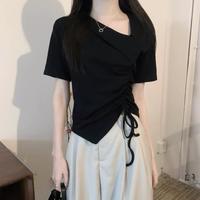 卡拉美拉 Caramella不规则抽绳短袖T恤女夏季2025设计感小众纯棉显瘦V领上衣
