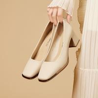 珂卡芙 方头高跟女单鞋2024百搭粗跟通勤鞋浅口一脚蹬工装鞋