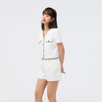 套装女夏季泡泡袖短款v领外套高腰短裤肌理两件套气质休闲