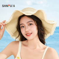 三福清新蕾丝花边草帽 气质时尚度假风配饰遮阳帽子842871 米色宽 均码