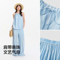 森马套装女蝴蝶结吊带半松紧阔腿裤2025夏宽松仿麻肌理两件套