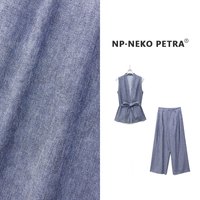 Neko Petra老钱风系带V领收腰无袖马甲套装女夏棉麻阔腿裤两件套