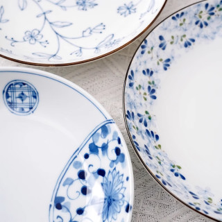 美浓烧日式染付青花盘子3个陶瓷釉下彩餐具早餐盘菜盘家用 水墨春芽大盘3个1