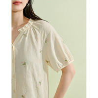 茵曼重工刺绣V领衬衫2025夏季女装纯棉短袖衬衣上衣 梨花杏  M