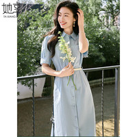 她享短袖连衣裙女气质通勤风衬衫连衣裙百搭系带中长款裙子 T52Q015
